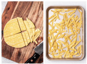 Tortillas sliced into thin strips, and a photo of crispy tortilla strips on a baking sheet.